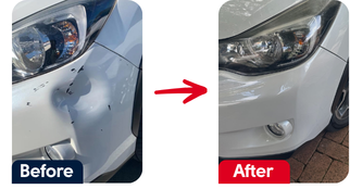 Before and after: a dented and chipped white front bumper, then the same bumper smooth and refinished