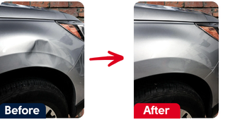 Before and after: a dented silver front guard, then the same guard smooth and refinished