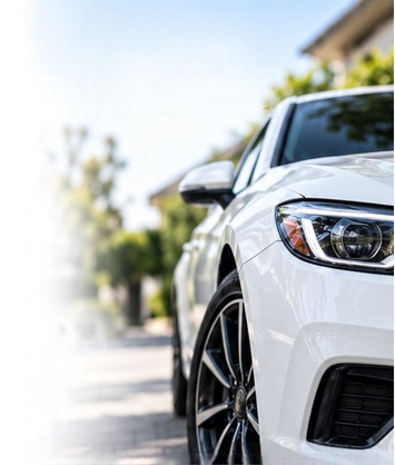 Front corner of a white car parked in a leafy driveway